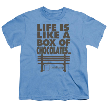 Carolina blue youth t-shirt for ages 8 to 12 with Forrest Gump Life graphic