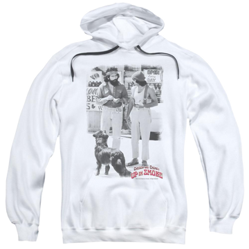 White pullover hoodie with Cheech & Chong Up In Smoke Square graphic