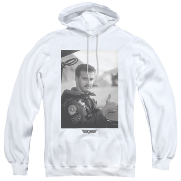 White pullover hoodie with Top Gun Wingman graphic