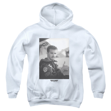White youth hoodie for ages 8 to 12 with Top Gun Wingman graphic