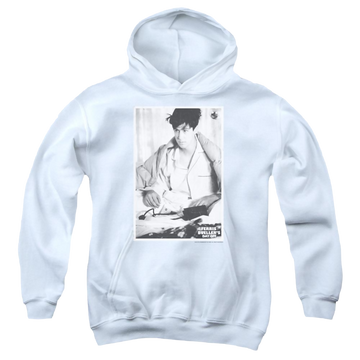 White youth hoodie for ages 8 to 12 with Ferris Bueller's Day Off Cameron graphic