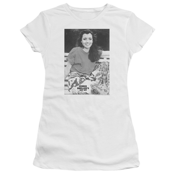 White juniors t-shirt with Ferris Bueller's Day Off Sloane graphic