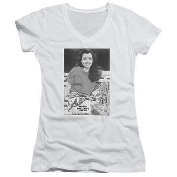 White juniors v-neck t-shirt with Ferris Bueller's Day Off Sloane graphic