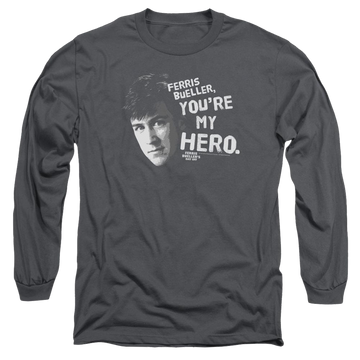 Charcoal men's long sleeve t-shirt with Ferris Bueller's Day Off My Hero graphic