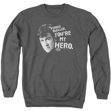 Charcoal men's crewneck sweatshirt with Ferris Bueller's Day Off My Hero graphic
