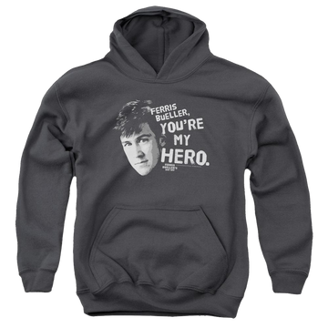 Charcoal youth hoodie for ages 8 to 12 with Ferris Bueller's Day Off My Hero graphic
