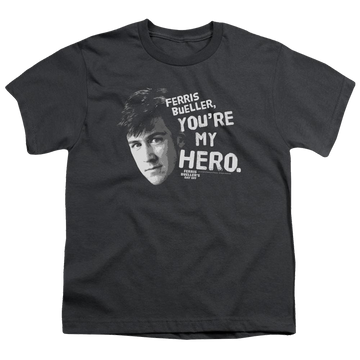 Charcoal youth t-shirt for ages 8 to 12 with Ferris Bueller's Day Off My Hero graphic