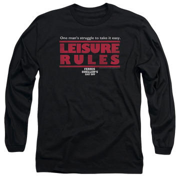 Black men's long sleeve t-shirt with Ferris Bueller's Day Off Leisure Rules graphic