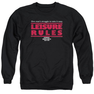 Black men's crewneck sweatshirt with Ferris Bueller's Day Off Leisure Rules graphic
