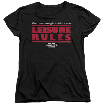 Black women's t-shirt with Ferris Bueller's Day Off Leisure Rules graphic
