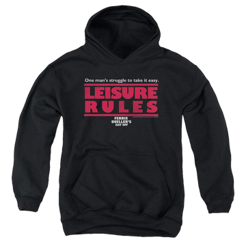 Black youth hoodie for ages 8 to 12 with Ferris Bueller's Day Off Leisure Rules graphic