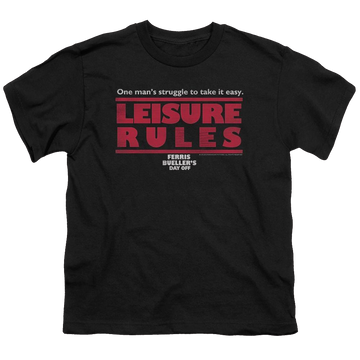Black youth t-shirt for ages 8 to 12 with Ferris Bueller's Day Off Leisure Rules graphic