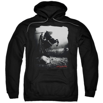 Black pullover hoodie with Sleepy Hollow Foggy Night graphic