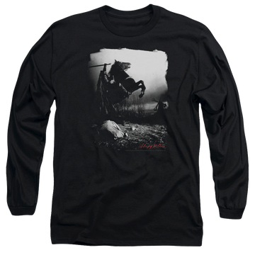 Black men's long sleeve t-shirt with Sleepy Hollow Foggy Night graphic