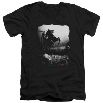 Black men's v-neck t-shirt with Sleepy Hollow Foggy Night graphic