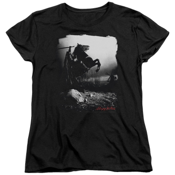 Black women's t-shirt with Sleepy Hollow Foggy Night graphic
