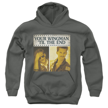 Charcoal youth hoodie for ages 8 to 12 with Top Gun Til The End graphic