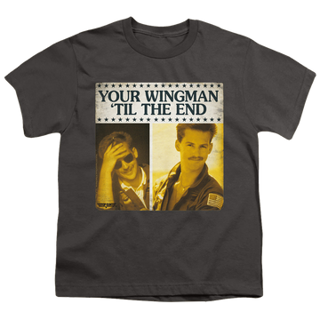 Charcoal youth t-shirt for ages 8 to 12 with Top Gun Til The End graphic