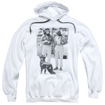 White pullover hoodie with Cheech & Chong Up in Smoke Cheech Chong Dog graphic