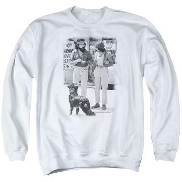 White men's crewneck sweatshirt with Cheech & Chong Up in Smoke Cheech Chong Dog graphic