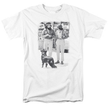 White men's regular fit t-shirt with Cheech & Chong Up in Smoke Cheech Chong Dog graphic