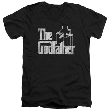 Black men's v-neck t-shirt with The Godfather Logo graphic