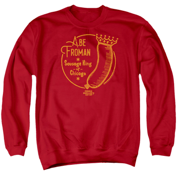Red men's crewneck sweatshirt with Ferris Bueller's Day Off Abe Froman graphic