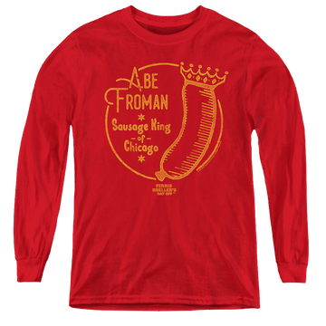 Red youth long sleeve t-shirt with Ferris Bueller's Day Off Abe Froman graphic