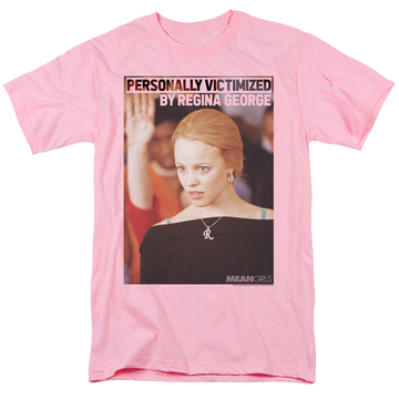 Pink men's regular fit t-shirt with Mean Girls Regina George Victim graphic