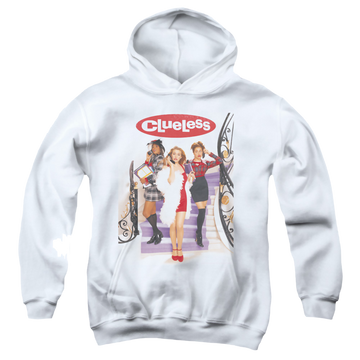 White youth hoodie for ages 8 to 12 with Clueless Poster graphic