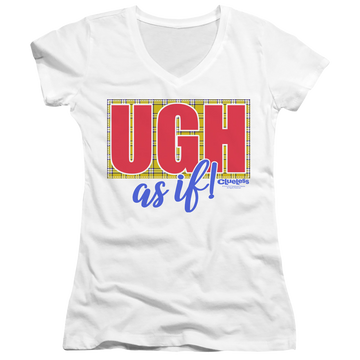 White juniors v-neck t-shirt with Clueless Ugh As If graphic