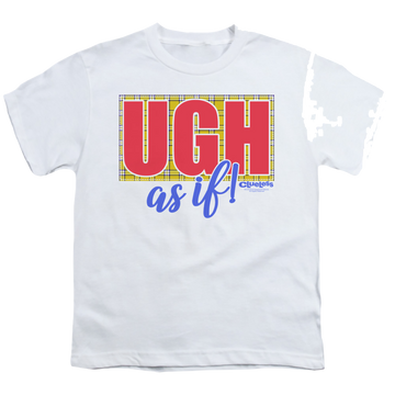 White youth t-shirt for ages 8 to 12 with Clueless Ugh As If graphic