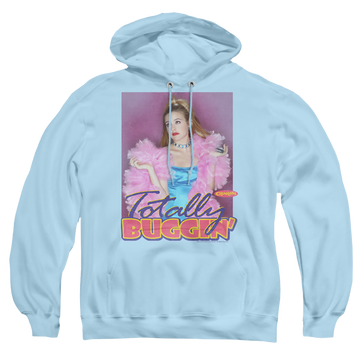 Light blue pullover hoodie with Clueless Totally Buggin graphic