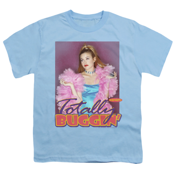 Light blue youth t-shirt for ages 8 to 12 with Clueless Totally Buggin graphic