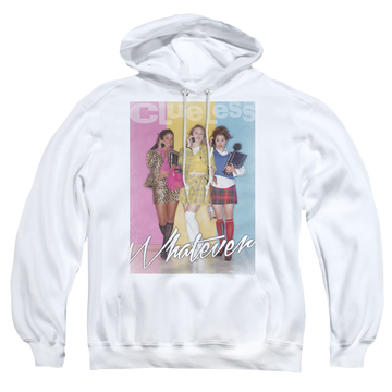 White pullover hoodie with Clueless Whatever graphic