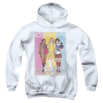 White youth hoodie for ages 8 to 12 with Clueless Whatever graphic