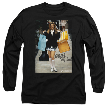 Black men's long sleeve t-shirt with Clueless Oops My Bad graphic