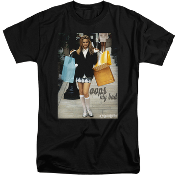 Black men's tall fit t-shirt with Clueless Oops My Bad graphic