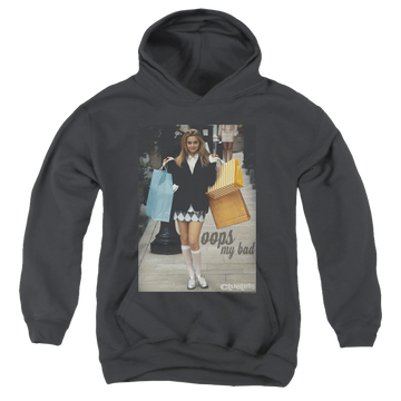 Black youth hoodie for ages 8 to 12 with Clueless Oops My Bad graphic