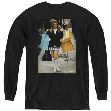 Black youth long sleeve t-shirt with Clueless Oops My Bad graphic