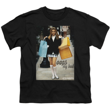 Black youth t-shirt for ages 8 to 12 with Clueless Oops My Bad graphic