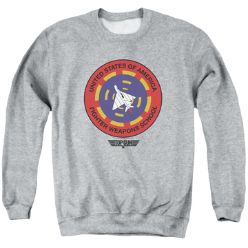Athletic heather men's crewneck sweatshirt with Top Gun Fighter Weapons School graphic