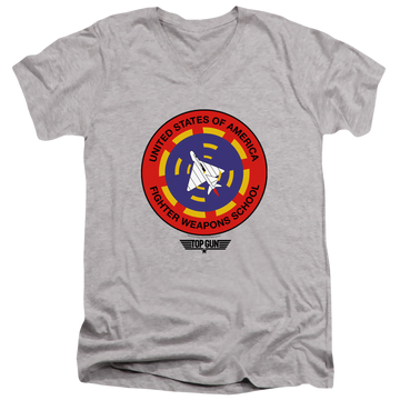 Athletic heather men's v-neck t-shirt with Top Gun Fighter Weapons School graphic