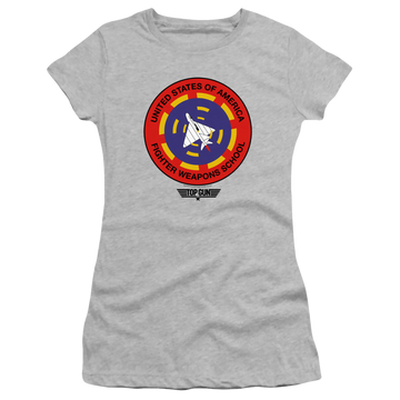 Athletic heather juniors t-shirt with Top Gun Fighter Weapons School graphic