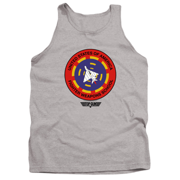 Athletic heather men's tank with Top Gun Fighter Weapons School graphic