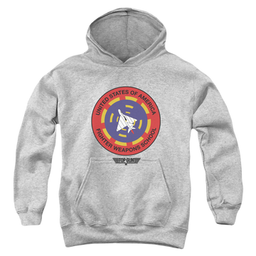 Athletic heather youth hoodie for ages 8 to 12 with Top Gun Fighter Weapons School graphic