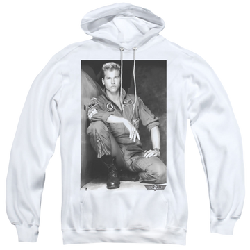 White pullover hoodie with Top Gun Fresh Ice graphic