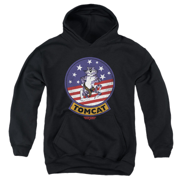 Black youth hoodie for ages 8 to 12 with Top Gun Tomcat Sigil graphic
