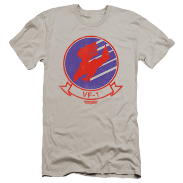 Silver men's premium slim fit t-shirt with Top Gun Vf1 Sigil graphic