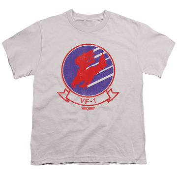 Silver youth t-shirt for ages 8 to 12 with Top Gun Vf1 Sigil graphic